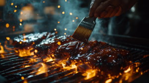 Chef glazing beef back ribs on a grill with glossy barbecue sauce and rising smoke.