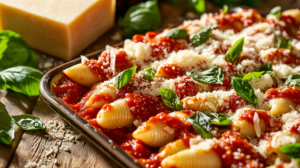 Stuffed shells covered in marinara sauce ready to bake.