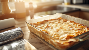 Freshly baked lasagna in a glass baking dish, with golden cheese on top and a roll of aluminum foil and parchment paper beside it on a wooden countertop.