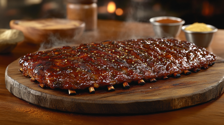 Close-up of tender, smoky ribs on a rustic wooden platter with a glossy barbecue glaze, surrounded by spices, marinades, and wood chips, in a warm, rustic kitchen setting.