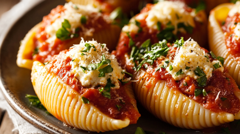 Close-up of stuffed pasta shells with golden-brown edges, creamy ricotta and herb filling, marinara sauce, garnished with parsley and Parmesan.