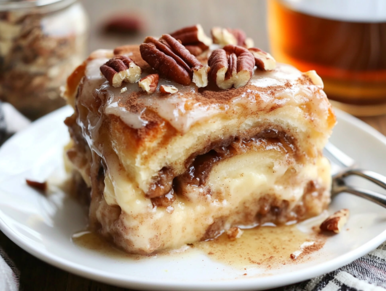 Close-up of a slice of cinnamon roll casserole on a white plate, topped with a shiny glaze and garnished with chopped pecans and a dusting of cinnamon.