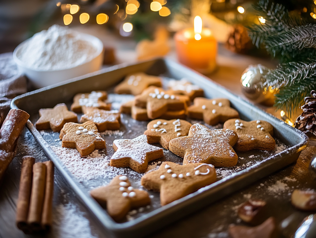 A tray of freshly baked gingerbread cookies shaped like stars, hearts, and houses, surrounded by flour, cinnamon sticks, and festive holiday decor in a cozy kitchen setting.