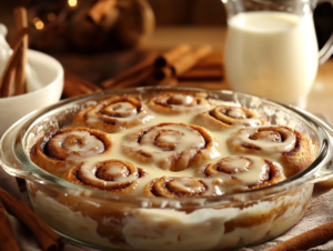 Freshly baked cinnamon rolls in a glass baking dish, soaked in heavy cream, with golden-brown edges and a gooey center, surrounded by cinnamon sticks and a pitcher of cream.