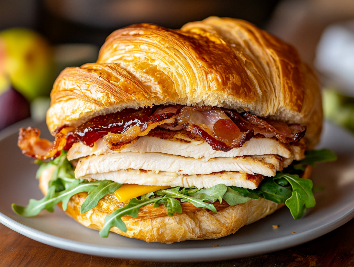 A turkey sandwich on a flaky croissant filled with turkey slices, crispy bacon, sharp cheddar cheese, arugula, and fig jam, presented on a wooden surface with fresh fruit on the side.