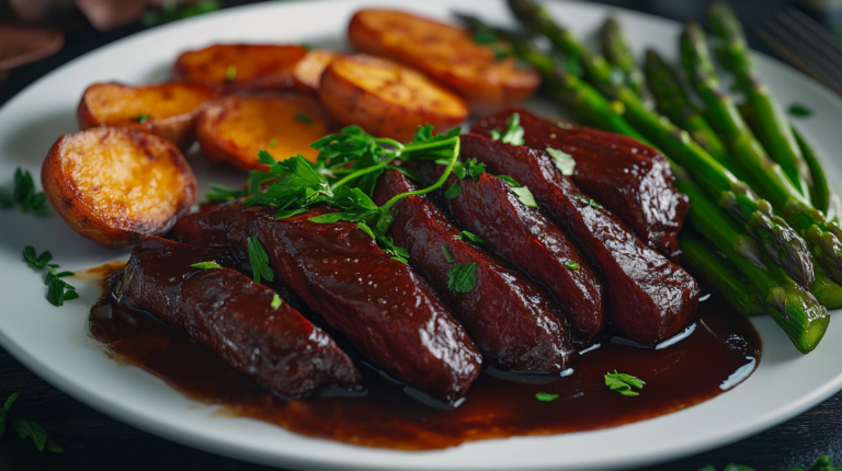 Cooked beef heart slices with roasted sweet potatoes and asparagus on a white plate.
