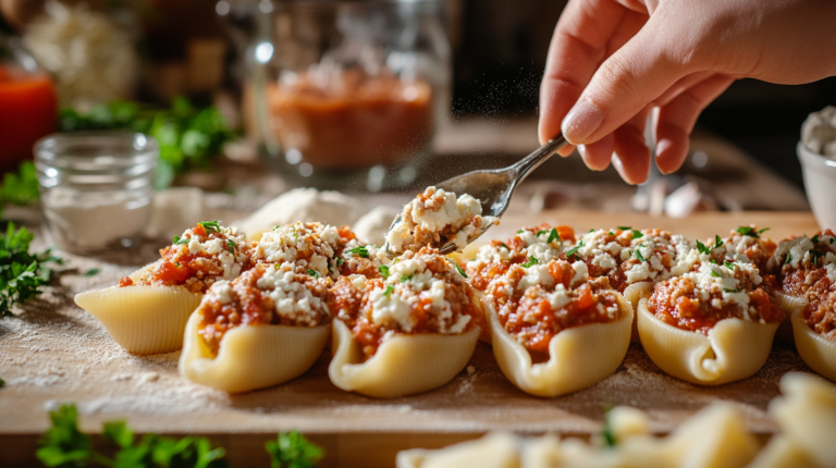 Close-up of a hand stuffing large pasta shells with ricotta cheese and ground meat filling on a kitchen counter.