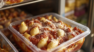 Frozen stuffed shells neatly packed in a freezer-safe container, arranged in a single layer, with light frost on the container inside a well-organized freezer.