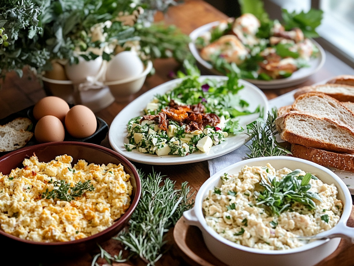 A family dining table filled with Eggs and Turkey Together dishes, including a salad, sandwich, and scramble, styled with fresh herbs and bread in a cozy setting.