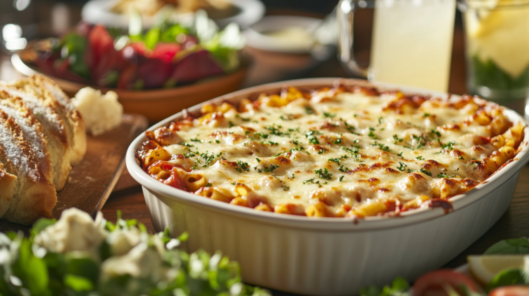 Family dinner table with baked ziti as the centerpiece surrounded by salad, bread, and lemonade.