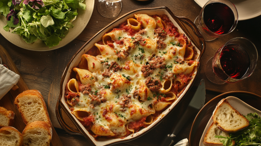 Family dinner table with baked stuffed shells, garlic bread, salad, and glasses of red wine.