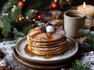 A festive breakfast table with gingerbread pancakes drizzled in maple syrup, surrounded by holiday decorations like evergreen sprigs and a steaming cup of hot chocolate.