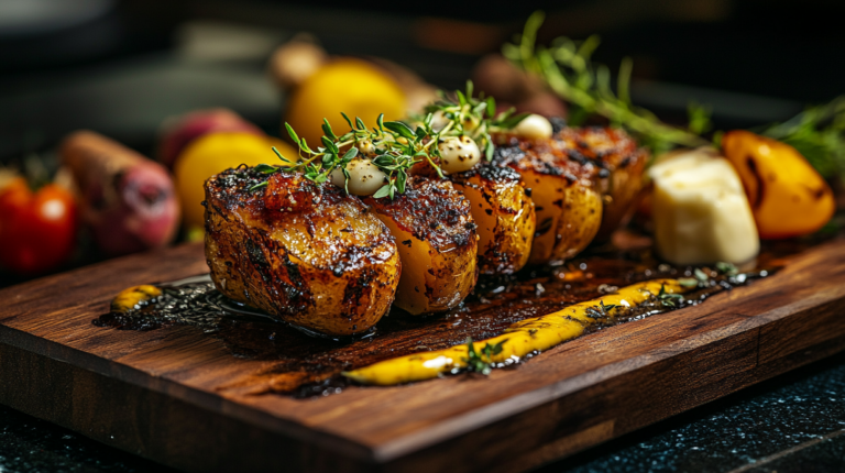 Golden roasted Viking potatoes garnished with fresh herbs and melted butter on a wooden serving board.