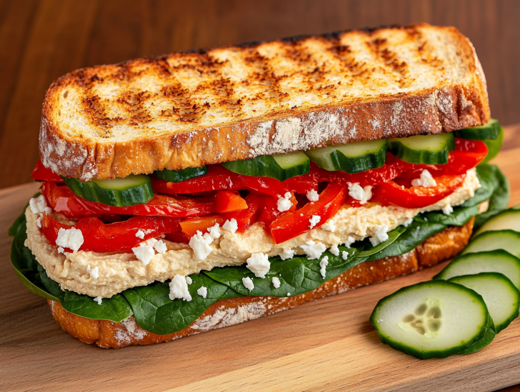 A Mediterranean-style turkey sandwich on toasted sourdough bread, topped with hummus, spinach, roasted red peppers, and crumbled feta cheese, served with cucumber slices on a rustic wooden board.