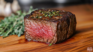 Close-up of a perfectly cooked rare steak with a seared crust and cool red center, displayed on a wooden cutting board with fresh herbs and safety tips overlay.
