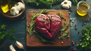 A raw beef heart on a wooden cutting board, surrounded by herbs, garlic, and olive oil, with glowing labels highlighting protein, iron, vitamin B12, and CoQ10.