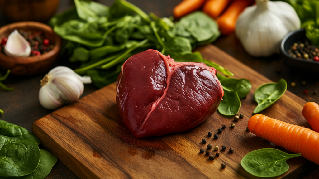 Raw Is Eating Beef Heart Healthy? on a wooden cutting board surrounded by fresh vegetables like spinach, carrots, and garlic, with nutritional labels highlighting protein, vitamins, and minerals.