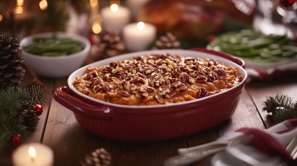 A holiday dining table featuring Ruth's Chris Sweet Potato Casserole with a golden pecan topping, surrounded by roasted turkey, green beans, and festive decorations.
