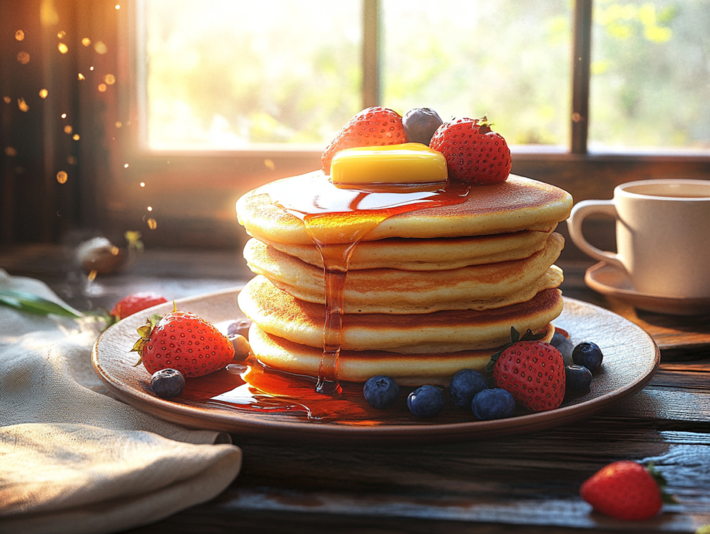 **Alt Text:**
A photorealistic stack of fluffy golden pancakes with melting butter and maple syrup on a rustic wooden table, surrounded by fresh strawberries and blueberries. Soft natural sunlight streams through a kitchen window, casting gentle shadows. A cup of coffee and a folded napkin complete the cozy breakfast scene.