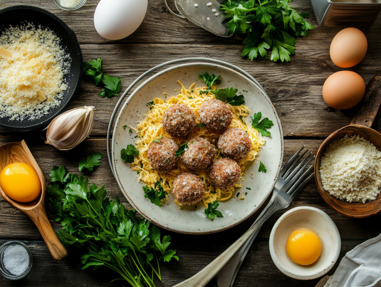 A plate of golden-brown meatballs garnished with parsley, with ingredients like egg, breadcrumbs, and herbs on a rustic wooden table.