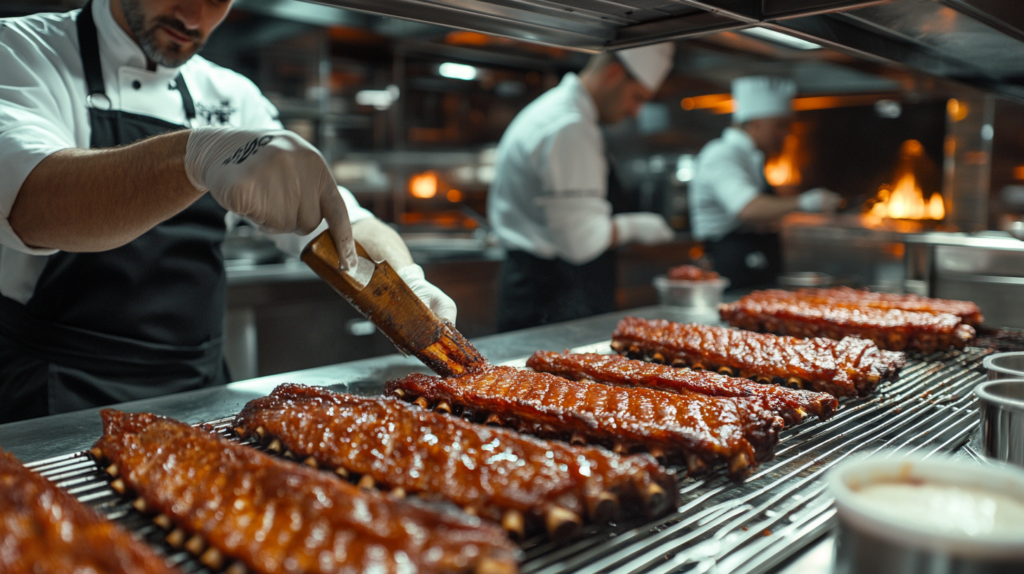 Chefs in a professional kitchen preparing ribs: one removing the membrane, another applying marinade, and ribs smoking with hickory wood chips nearby.