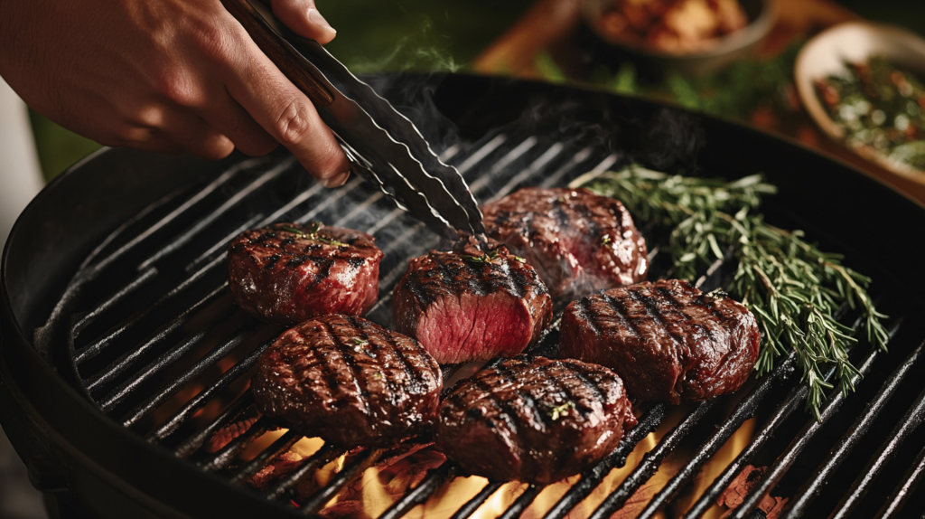 Chef grilling Is Eating Beef Heart Healthy? slices over an open flame grill, with grill marks visible, slight smoke rising, and fresh herbs like rosemary and thyme in the background.