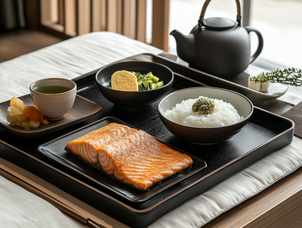 A traditional Japanese breakfast featuring grilled salmon, steamed rice, miso soup, tamagoyaki, and pickled vegetables, elegantly arranged on black and wooden trays with a teapot pouring green tea in a minimalist tatami room setting.