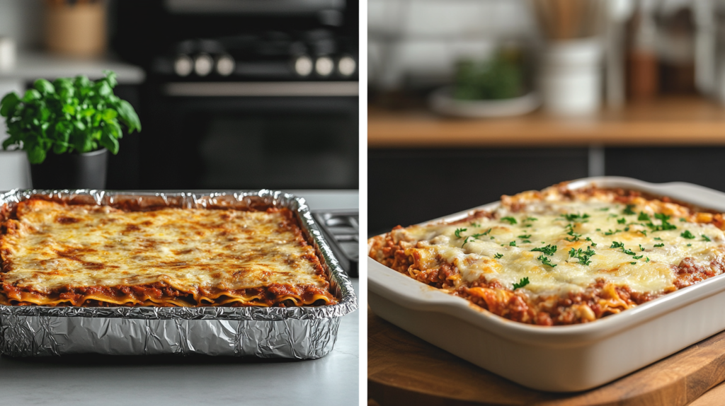 ide-by-side comparison of lasagna in a metal pan with foil breakdown and lasagna in a ceramic dish with parchment paper, highlighting safe baking.