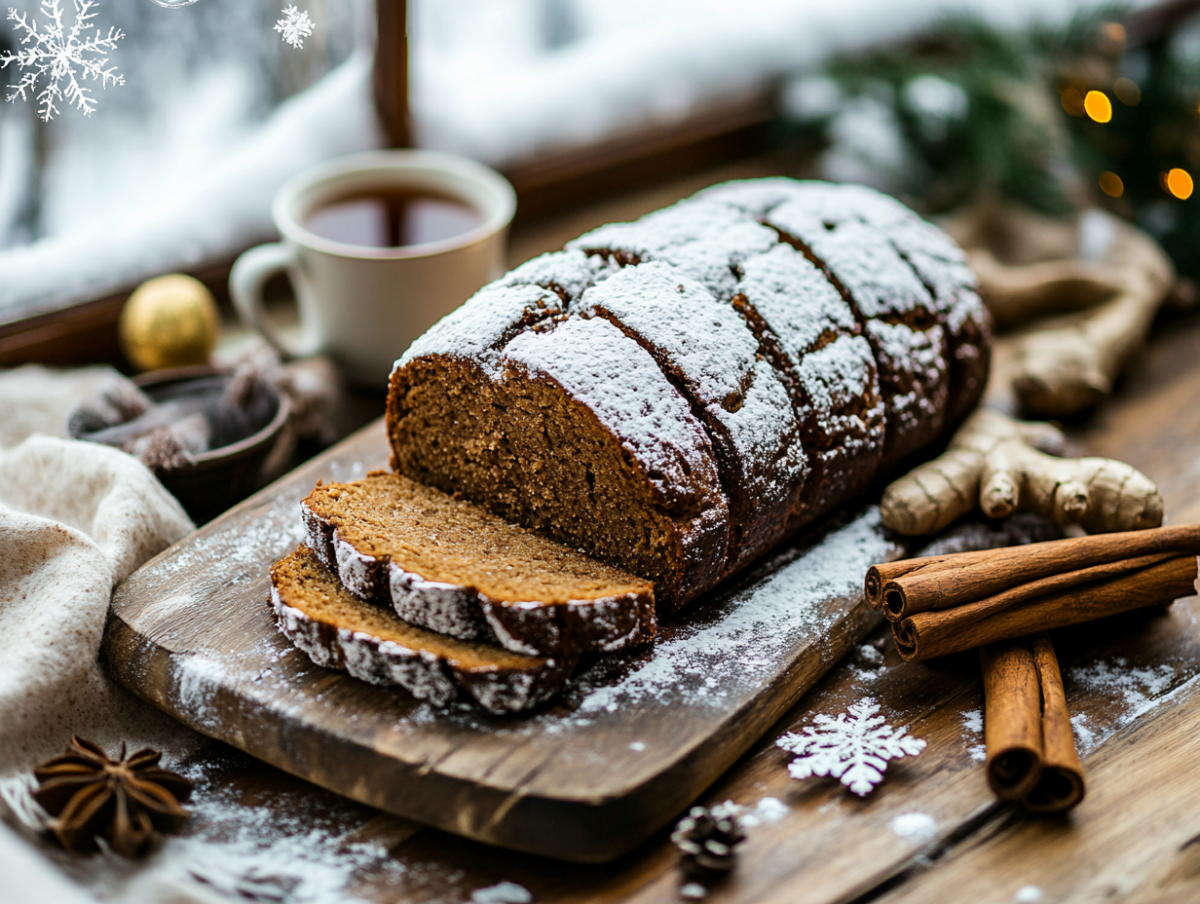 A sliced gingerbread loaf dusted with powdered sugar, surrounded by molasses, ginger, cinnamon sticks, and nutmeg on a rustic wooden board.