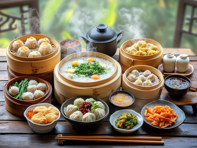 A colorful and diverse Asian breakfast spread featuring traditional dishes like congee, dim sum, miso soup, nasi lemak, and pho, styled with vibrant details.