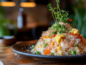Close-up of a vibrant fried rice platter with shrimp, vegetables, scrambled eggs, and green onions, served on a rustic wooden table.