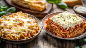 Side-by-side baked ziti and lasagna, featuring creamy ziti with marinara and bubbling cheese, and layered lasagna with meat sauce, ricotta, and Parmesan crust.