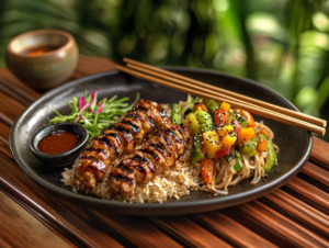 A colorful plate of Rice and Noodles Recipes garnished with vegetables and grilled protein, served with chopsticks on a wooden table.