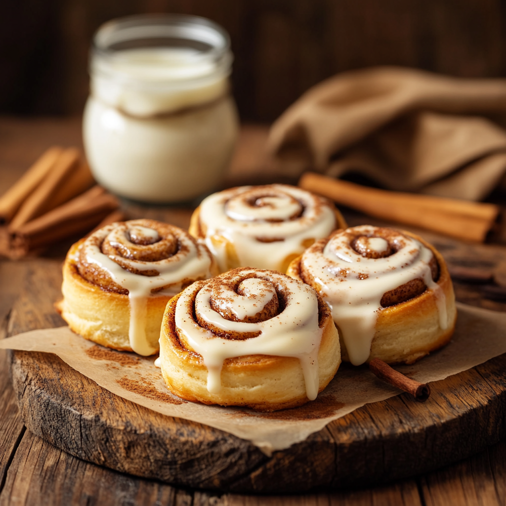 Freshly baked Heavy Cream Over Cinnamon Rolls drizzled with cream cheese frosting, set on a wooden table with a jar of heavy cream and cinnamon sticks, steam rising for a warm, indulgent ambiance.