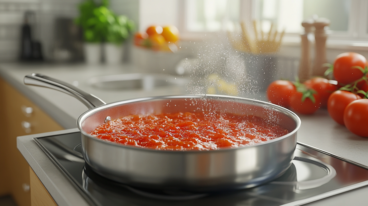 A bubbling aluminum pan filled with vibrant tomato sauce, subtly showcasing the chemical interaction between the acidic sauce and the aluminum surface.