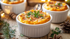 Sweet Potato casserole in ramekins, garnished with herbs and cinnamon on an elegant dining table.