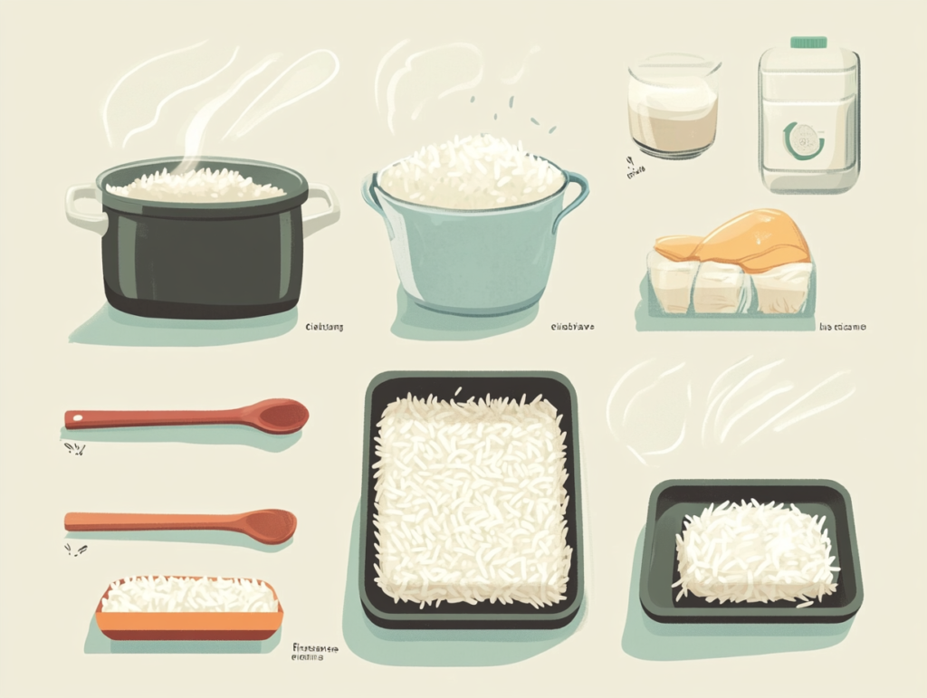 An infographic depicting the safe storage and reheating process for day-old rice, including cooling, refrigerating, and reheating steps in clear visuals.