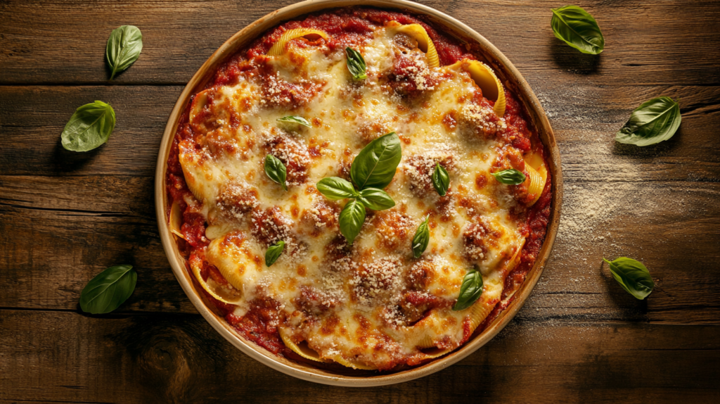 Overhead view of baked stuffed shells with meat, cheese, golden mozzarella, and marinara sauce, garnished with basil and Parmesan