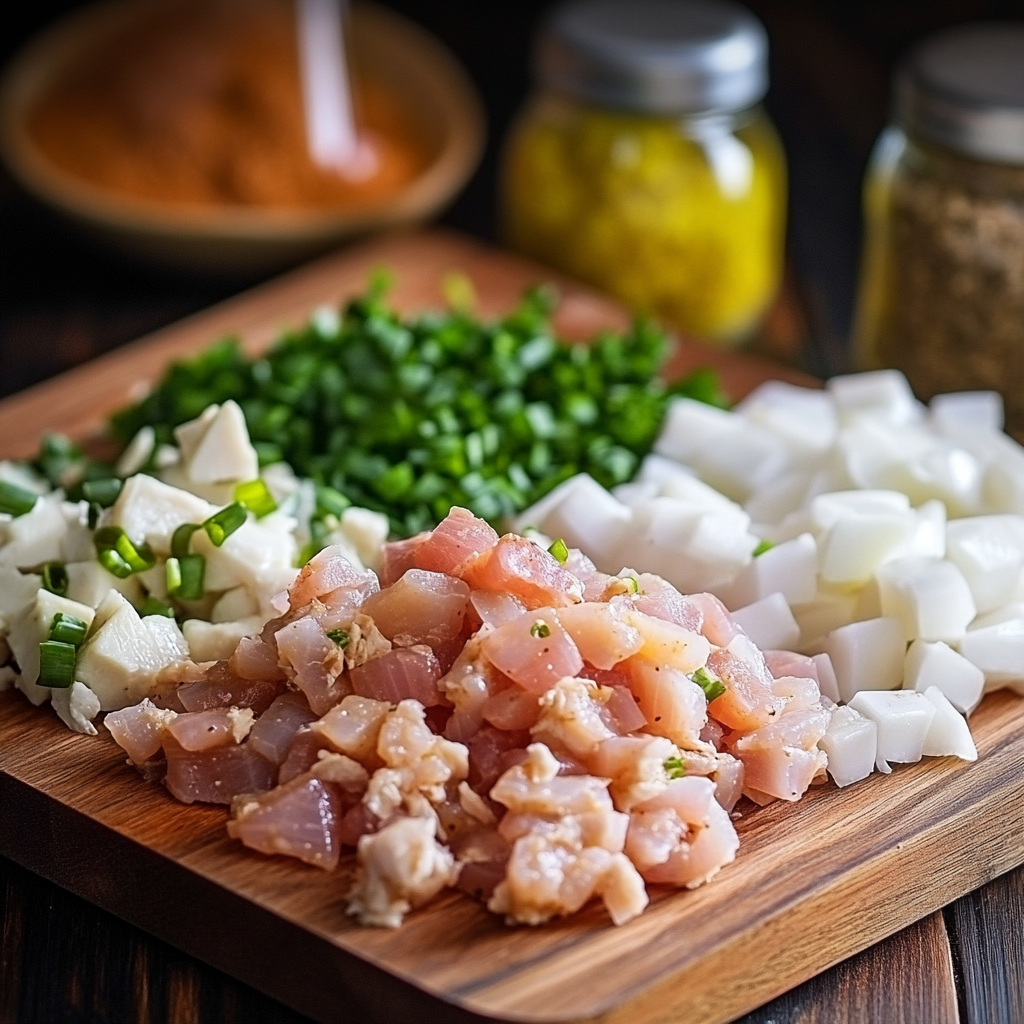 Overhead view of chicken dressing Recipe ingredients: crumbled cornbread, shredded chicken, sautéed onions and celery, bowl of broth,