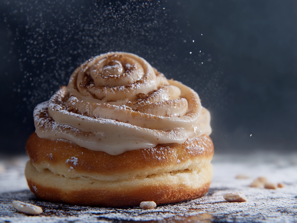 A close-up of freshly baked cinnamon rolls topped with a creamy glaze, highlighting their golden-brown swirls and sweet, gooey texture.