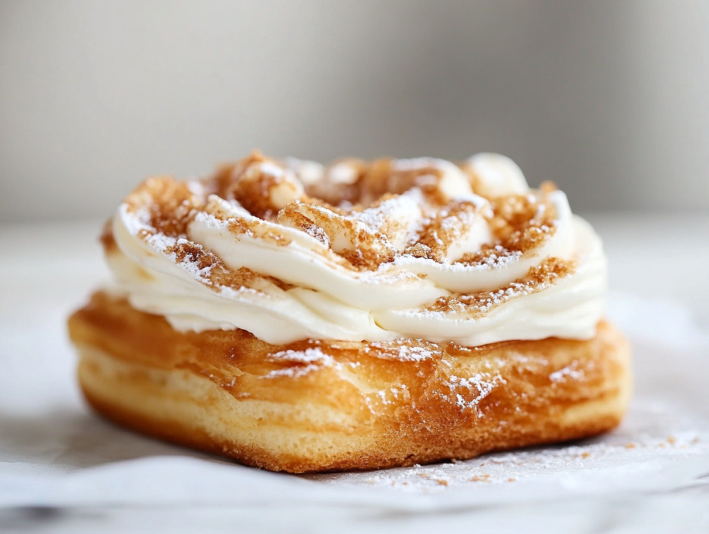 A signature Cinnabon roll, generously coated with rich cream cheese frosting, showcasing its gooey center and soft, fluffy layers.