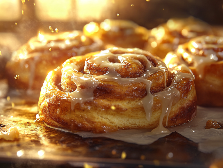 Freshly baked cinnamon rolls with golden tops and gooey centers, displayed on a wooden countertop with icing drizzled over.