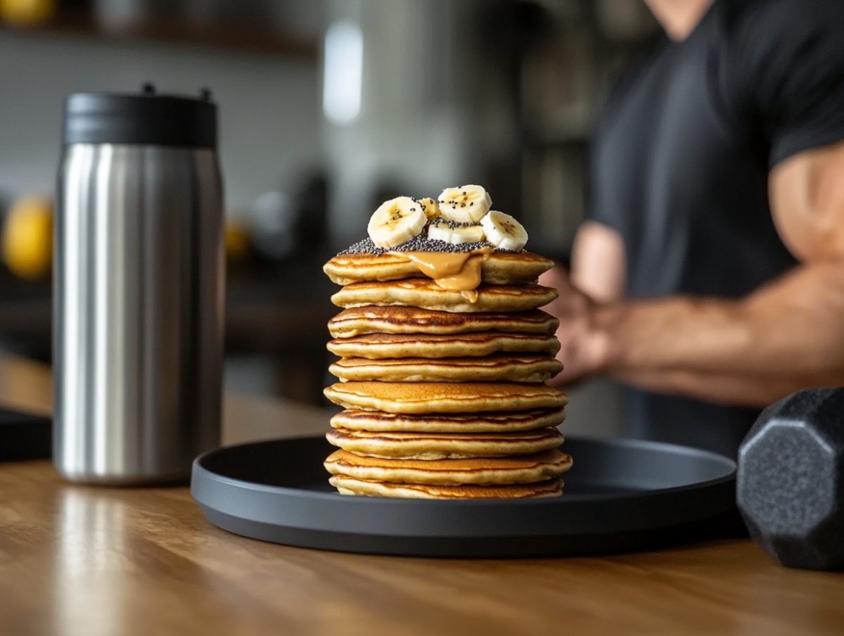 A fit, energetic athlete sitting at a kitchen table, while eating protein pancakes topped with bananas, chia seeds, and nut butter. Gym gear, including a water bottle and weights, is visible in the background of a naturally lit, modern home kitchen.