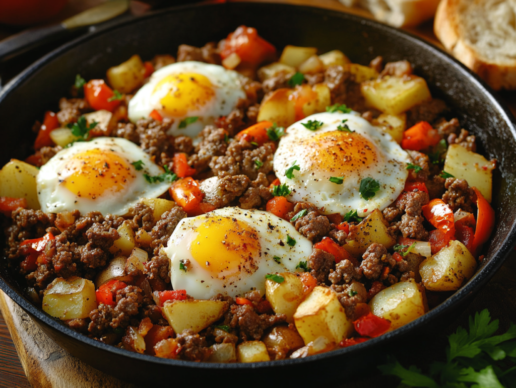 a hearty breakfast skillet Adding Egg to Ground Beef with seasoned ground beef, cooked with onions, bell peppers, and diced potatoes. Crack whole eggs over the mixture,
