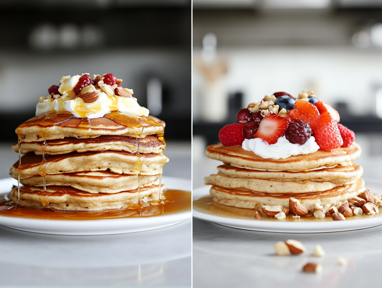 A split-screen image showing two plates of pancakes: one with syrup, whipped cream, and sugary toppings, and the other with fresh fruits, nuts, and light yogurt drizzle.