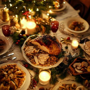 Festive holiday table featuring a large chicken dressing casserole, roasted turkey, mashed potatoes, cranberry sauce, candles, and seasonal decorations with warm ambient lighting.