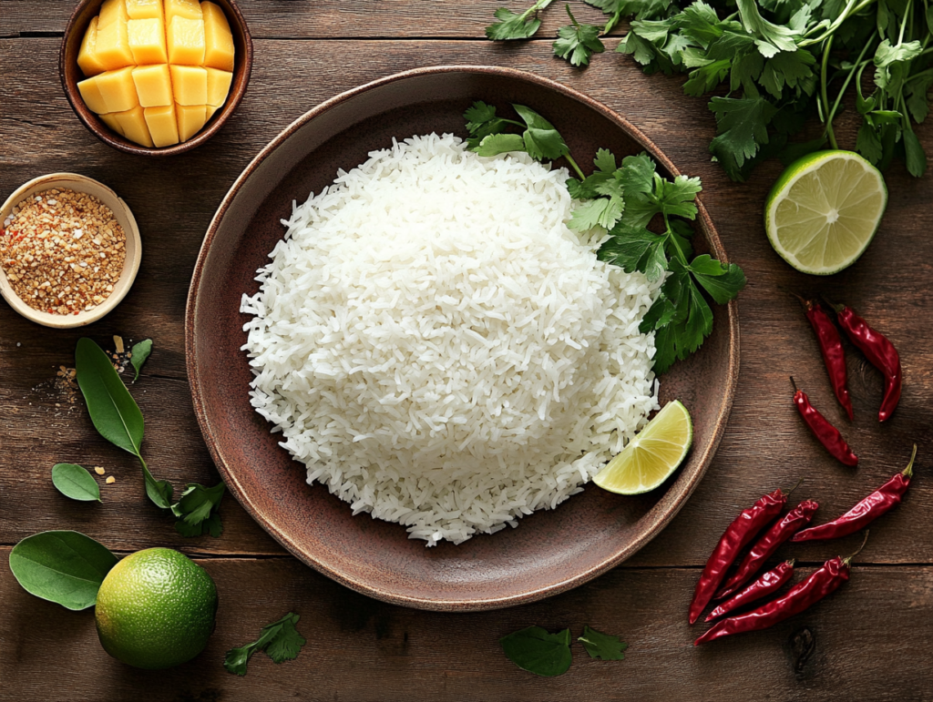 A serving of Thai rice and noodles sticky rice paired with ripe mango slices and drizzled with sweet coconut sauce, presented on a banana leaf for an authentic touch