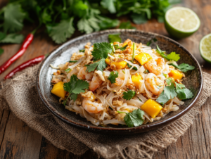 A bowl of traditional Thai Pad Thai rice and noodles. garnished with lime, bean sprouts, and crushed peanuts, served on a rustic wooden table