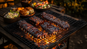 Juicy Beef Back Ribs Recipe on a grill with charred grill marks, caramelized BBQ glaze, glowing coals, and smoky embers, served with cornbread, coleslaw, and grilled vegetables on a rustic wooden table under warm evening light.