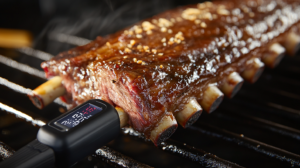 Perfectly cooked beef ribs with a caramelized crust, tender meat pulling away from the bone, and a digital thermometer showing 203°F.